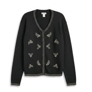 90’s Y2K Vintage Beaded Angora Blend Cardigan Sweater L Black Topper Long Sleeve